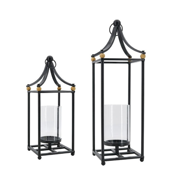 English Elm Set of 2 Matte Black Iron Arched Lanterns with Glass Hurricane for Mantel Decor W2078P558205