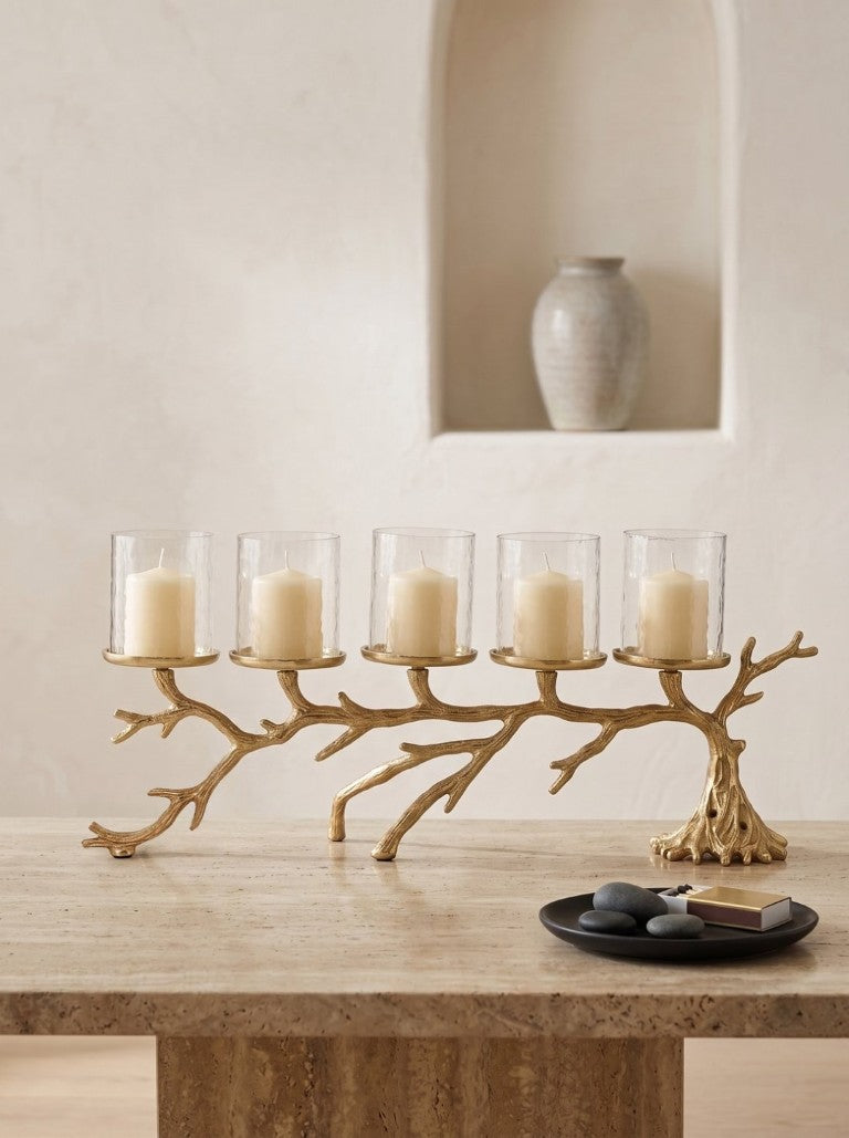 English Elm 25.6X5.9x10.4 Gold Branch Candelabra Five Hurricane Holders Cast Aluminum Sculptural W2078P558333