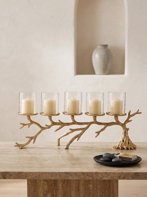 English Elm 25.6X5.9x10.4 Gold Branch Candelabra Five Hurricane Holders Cast Aluminum Sculptural W2078P558333