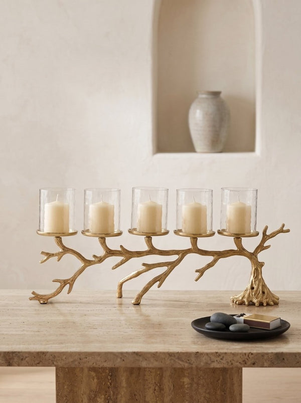 English Elm 25.6X5.9x10.4 Gold Branch Candelabra Five Hurricane Holders Cast Aluminum Sculptural W2078P558333