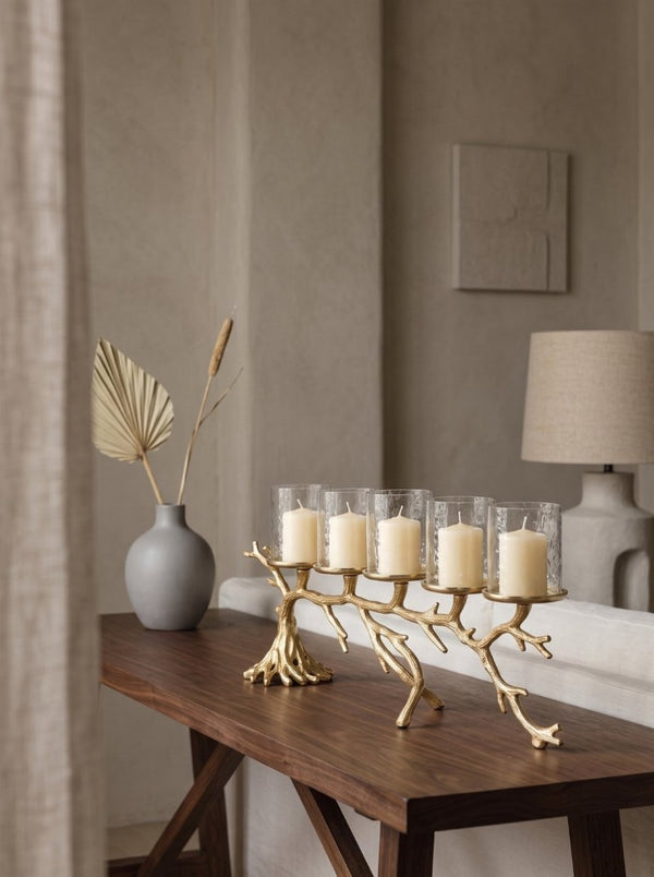 English Elm 25.6X5.9x10.4 Gold Branch Candelabra Five Hurricane Holders Cast Aluminum Sculptural W2078P558333