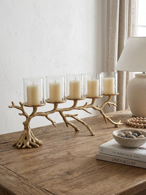 English Elm 25.6X5.9x10.4 Gold Branch Candelabra Five Hurricane Holders Cast Aluminum Sculptural W2078P558333