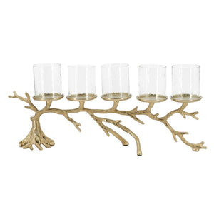 English Elm 25.6X5.9x10.4 Gold Branch Candelabra Five Hurricane Holders Cast Aluminum Sculptural W2078P558333