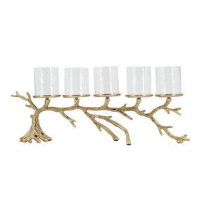 English Elm 25.6X5.9x10.4 Gold Branch Candelabra Five Hurricane Holders Cast Aluminum Sculptural W2078P558333