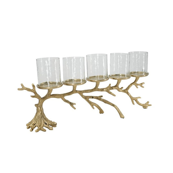 English Elm 25.6X5.9x10.4 Gold Branch Candelabra Five Hurricane Holders Cast Aluminum Sculptural W2078P558333