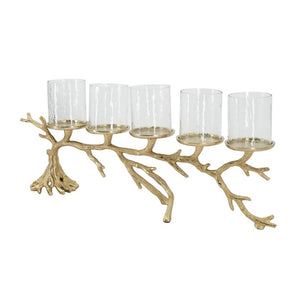 English Elm 25.6X5.9x10.4 Gold Branch Candelabra Five Hurricane Holders Cast Aluminum Sculptural W2078P558333