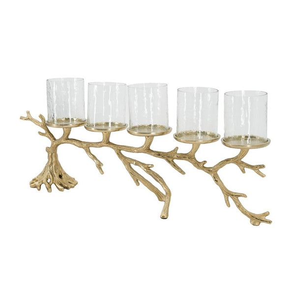 English Elm 25.6X5.9x10.4 Gold Branch Candelabra Five Hurricane Holders Cast Aluminum Sculptural W2078P558333