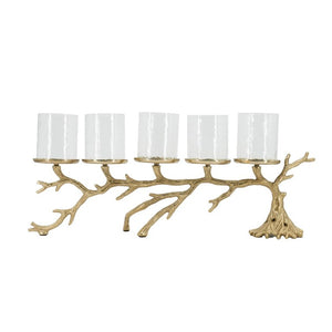 English Elm 25.6X5.9x10.4 Gold Branch Candelabra Five Hurricane Holders Cast Aluminum Sculptural W2078P558333
