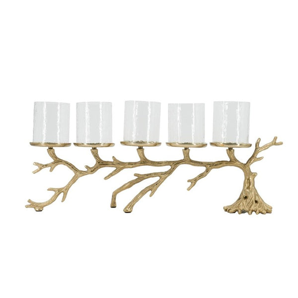 English Elm 25.6X5.9x10.4 Gold Branch Candelabra Five Hurricane Holders Cast Aluminum Sculptural W2078P558333