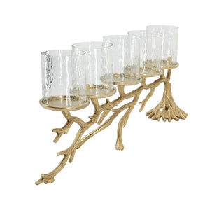 English Elm 25.6X5.9x10.4 Gold Branch Candelabra Five Hurricane Holders Cast Aluminum Sculptural W2078P558333