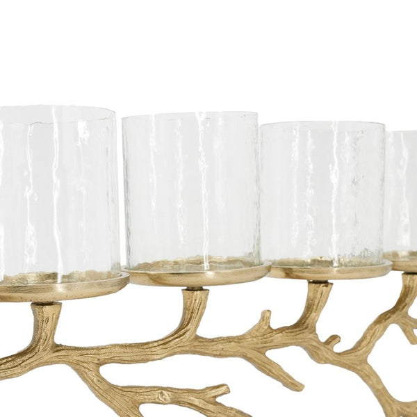English Elm 25.6X5.9x10.4 Gold Branch Candelabra Five Hurricane Holders Cast Aluminum Sculptural W2078P558333