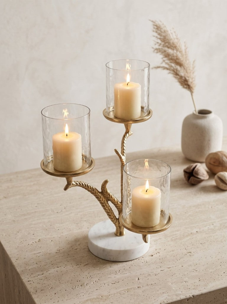 English Elm 11.5X9x13.5 Gold Branch Candelabra Three Tiered Glass Hurricanes on Marble Base W2078P558396