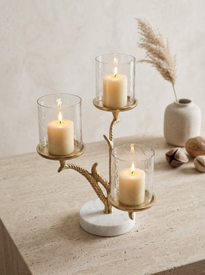 English Elm 11.5X9x13.5 Gold Branch Candelabra Three Tiered Glass Hurricanes on Marble Base W2078P558396