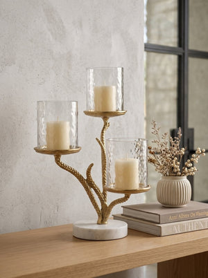 English Elm 11.5X9x13.5 Gold Branch Candelabra Three Tiered Glass Hurricanes on Marble Base W2078P558396