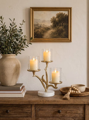 English Elm 11.5X9x13.5 Gold Branch Candelabra Three Tiered Glass Hurricanes on Marble Base W2078P558396