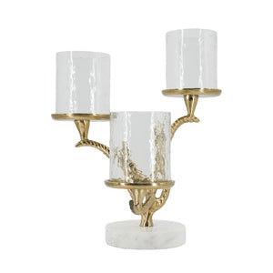 English Elm 11.5X9x13.5 Gold Branch Candelabra Three Tiered Glass Hurricanes on Marble Base W2078P558396