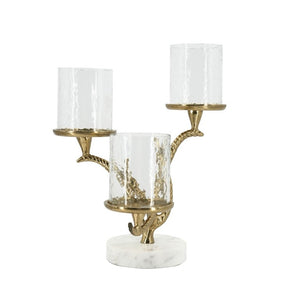 English Elm 11.5X9x13.5 Gold Branch Candelabra Three Tiered Glass Hurricanes on Marble Base W2078P558396