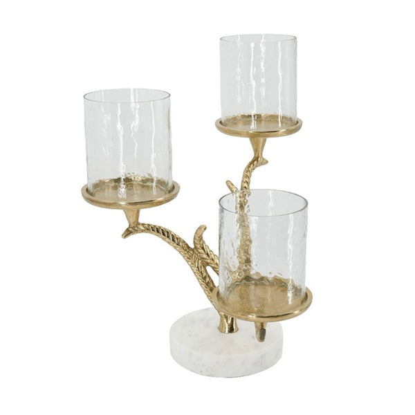 English Elm 11.5X9x13.5 Gold Branch Candelabra Three Tiered Glass Hurricanes on Marble Base W2078P558396