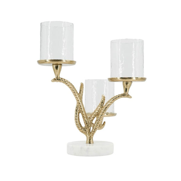English Elm 11.5X9x13.5 Gold Branch Candelabra Three Tiered Glass Hurricanes on Marble Base W2078P558396