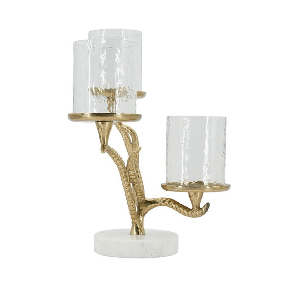 English Elm 11.5X9x13.5 Gold Branch Candelabra Three Tiered Glass Hurricanes on Marble Base W2078P558396