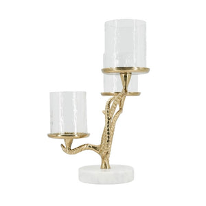 English Elm 11.5X9x13.5 Gold Branch Candelabra Three Tiered Glass Hurricanes on Marble Base W2078P558396