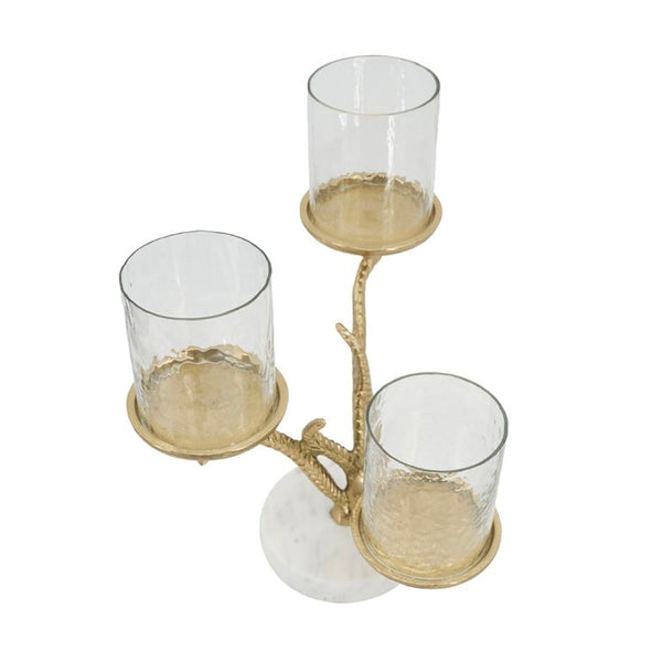 English Elm 11.5X9x13.5 Gold Branch Candelabra Three Tiered Glass Hurricanes on Marble Base W2078P558396