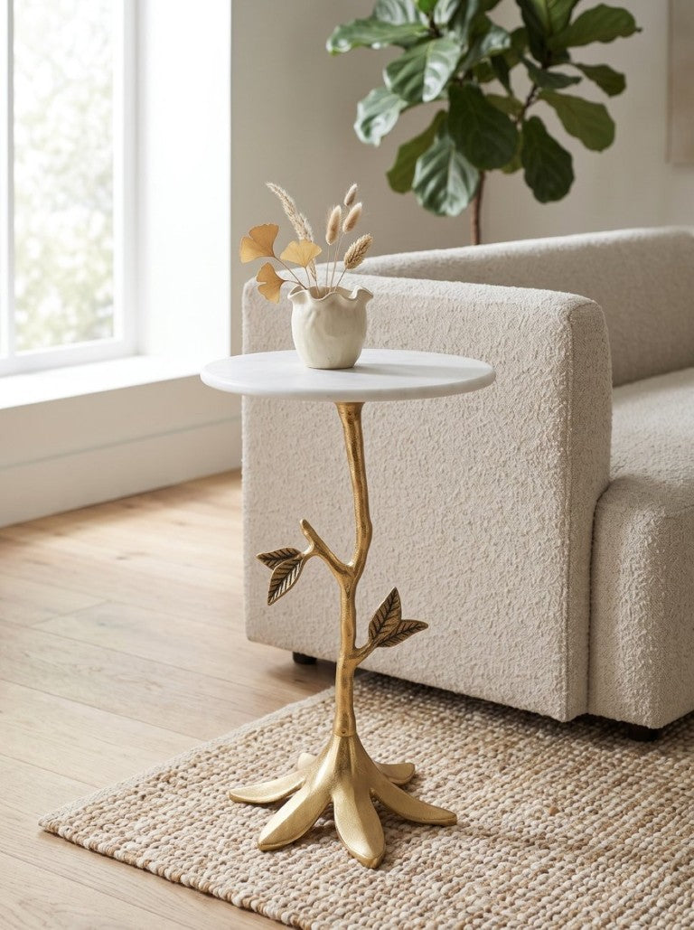 English Elm 14X14x23.6 Sculptural Golden Branch Pedestal Table with White Marble Top for Living Room W2078P558471