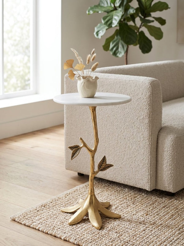 English Elm 14X14x23.6 Sculptural Golden Branch Pedestal Table with White Marble Top for Living Room W2078P558471