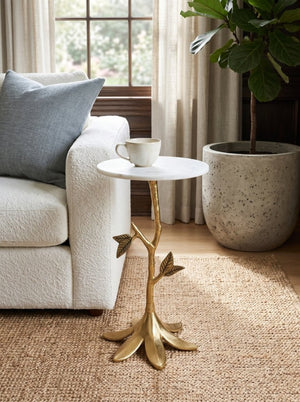 English Elm 14X14x23.6 Sculptural Golden Branch Pedestal Table with White Marble Top for Living Room W2078P558471