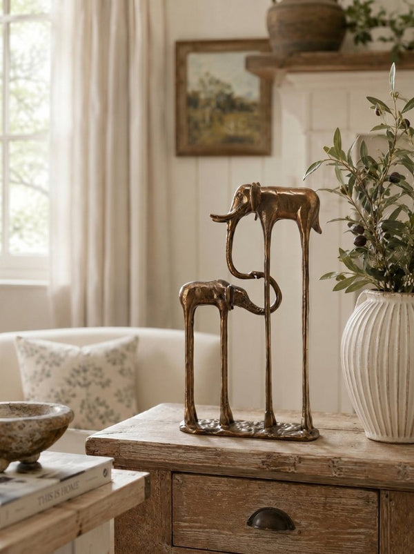English Elm 10X3.9x18.1 Aluminum Elephant Parent Calf Sculpture Antique Bronze Artisan Finish Decor W2078P561517