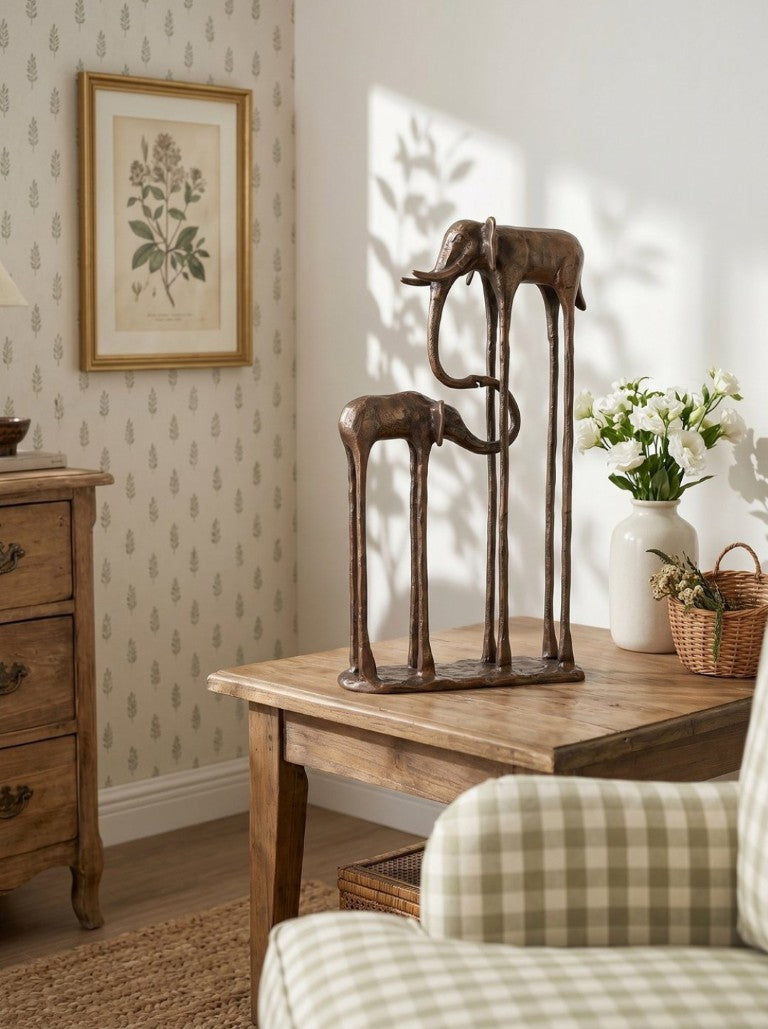 English Elm 10X3.9x18.1 Aluminum Elephant Parent Calf Sculpture Antique Bronze Artisan Finish Decor W2078P561517