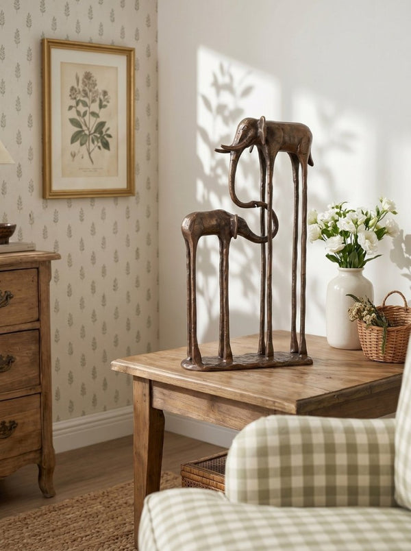 English Elm 10X3.9x18.1 Aluminum Elephant Parent Calf Sculpture Antique Bronze Artisan Finish Decor W2078P561517