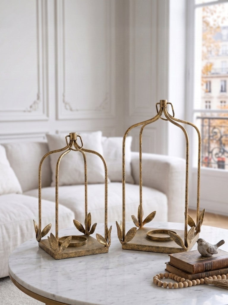 English Elm Set of 2 Arched Iron Candle Lanterns with Distressed Gold Patina and Leaf Detail W2078P561918