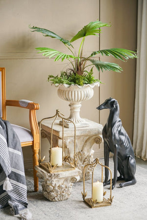 English Elm Set of 2 Arched Iron Candle Lanterns with Distressed Gold Patina and Leaf Detail W2078P561918