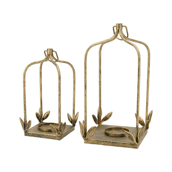 English Elm Set of 2 Arched Iron Candle Lanterns with Distressed Gold Patina and Leaf Detail W2078P561918