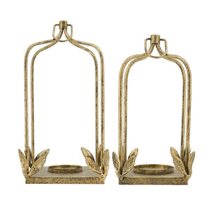 English Elm Set of 2 Arched Iron Candle Lanterns with Distressed Gold Patina and Leaf Detail W2078P561918