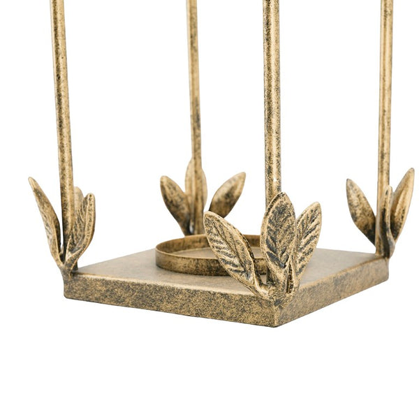 English Elm Set of 2 Arched Iron Candle Lanterns with Distressed Gold Patina and Leaf Detail W2078P561918