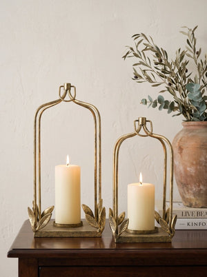 English Elm Set of 2 Arched Iron Candle Lanterns with Distressed Gold Patina and Leaf Detail W2078P561918