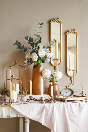 English Elm Set of 2 Arched Iron Candle Lanterns with Distressed Gold Patina and Leaf Detail W2078P561918