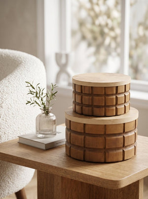 English Elm Set of 2 Hand-Carved Pine Storage Boxes with Olive Wood Veneer Lids for Shelf Decor W2078P561945