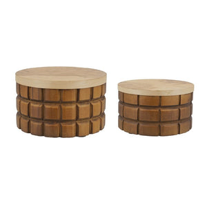 English Elm Set of 2 Hand-Carved Pine Storage Boxes with Olive Wood Veneer Lids for Shelf Decor W2078P561945