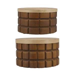 English Elm Set of 2 Hand-Carved Pine Storage Boxes with Olive Wood Veneer Lids for Shelf Decor W2078P561945