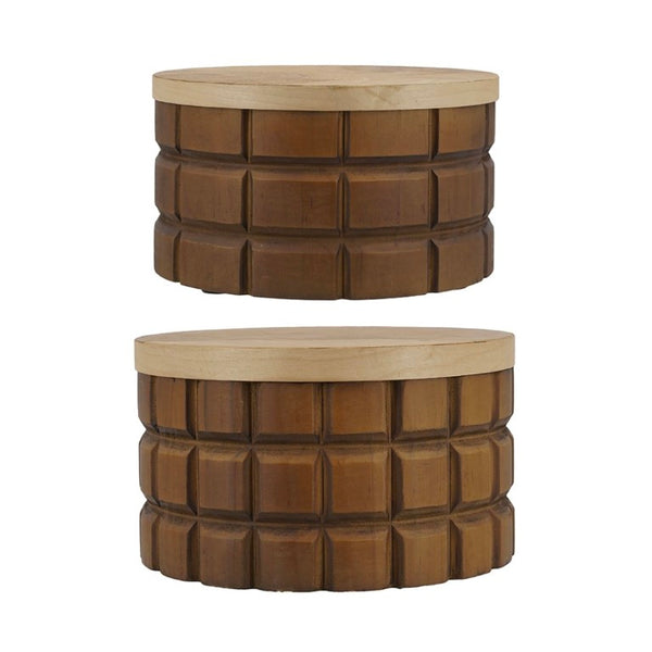 English Elm Set of 2 Hand-Carved Pine Storage Boxes with Olive Wood Veneer Lids for Shelf Decor W2078P561945