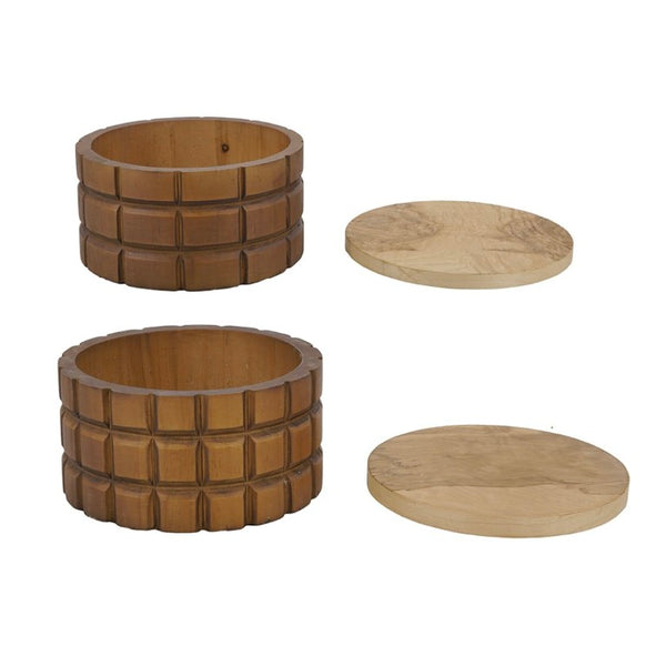 English Elm Set of 2 Hand-Carved Pine Storage Boxes with Olive Wood Veneer Lids for Shelf Decor W2078P561945