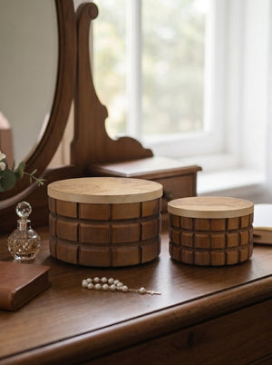 English Elm Set of 2 Hand-Carved Pine Storage Boxes with Olive Wood Veneer Lids for Shelf Decor W2078P561945
