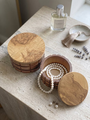 English Elm Set of 2 Hand-Carved Pine Storage Boxes with Olive Wood Veneer Lids for Shelf Decor W2078P561945