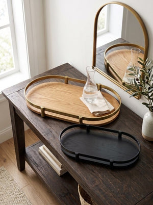 English Elm Set of 2 Oval Ash Wood Veneer Trays with Mixed Metal Rails for Stylish Layered Display W2078P562153