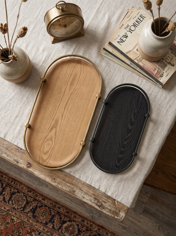 English Elm Set of 2 Oval Ash Wood Veneer Trays with Mixed Metal Rails for Stylish Layered Display W2078P562153