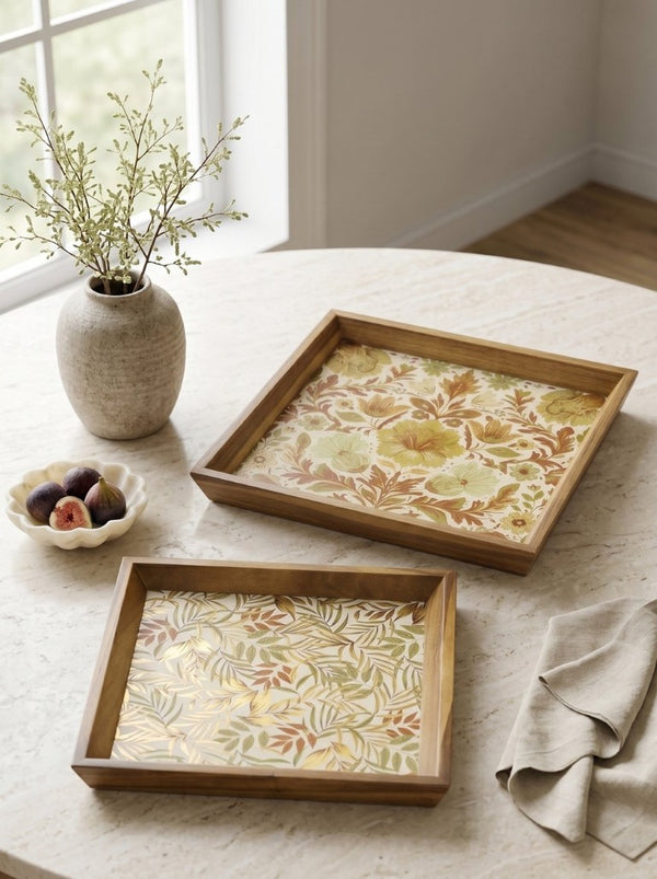 English Elm Set of 2 Acacia Wood Mirrored Trays with Botanical Etching for Elegant Home Styling W2078P566701