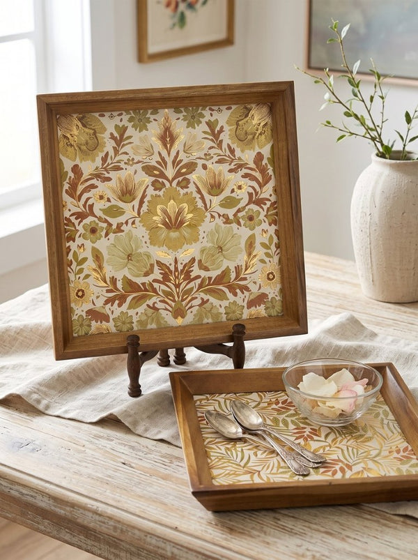 English Elm Set of 2 Acacia Wood Mirrored Trays with Botanical Etching for Elegant Home Styling W2078P566701